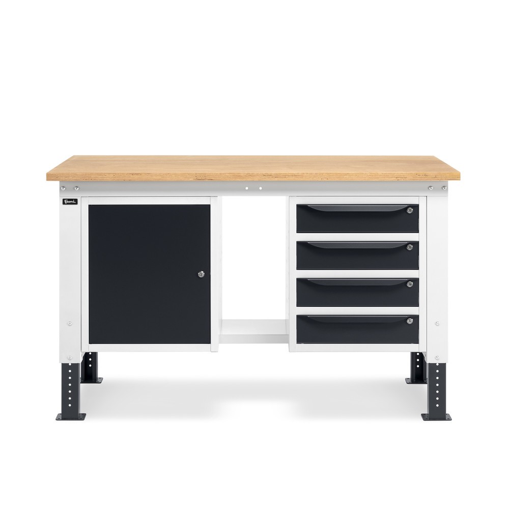 Produktabbildung Nr. 2: Fami Werkbank, höhenverstellbar, 4 Schubladen (Lücke) u. 1 Schrank, TK 1.000 kg, HxBxT 740-1.110 x 1.500 x 750 mm, RAL 7035 lichtgrau / RAL 7016 anthrazitgrau