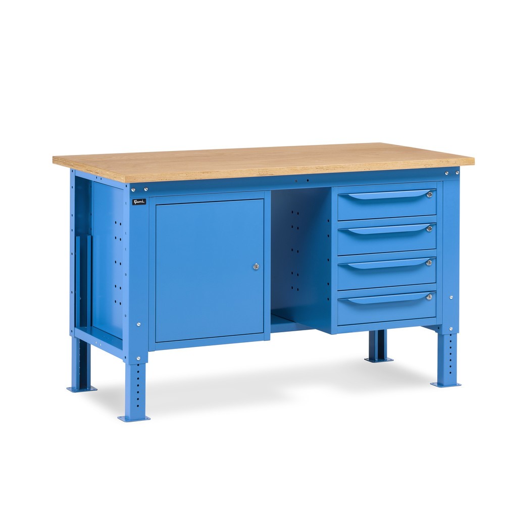 Produktabbildung Nr. 1: Fami Werkbank, höhenverstellbar, 4 Schubladen (Lücke) u. 1 Schrank, TK 1.000 kg, HxBxT 740-1.110 x 1.500 x 750 mm, RAL 5012 lichtblau