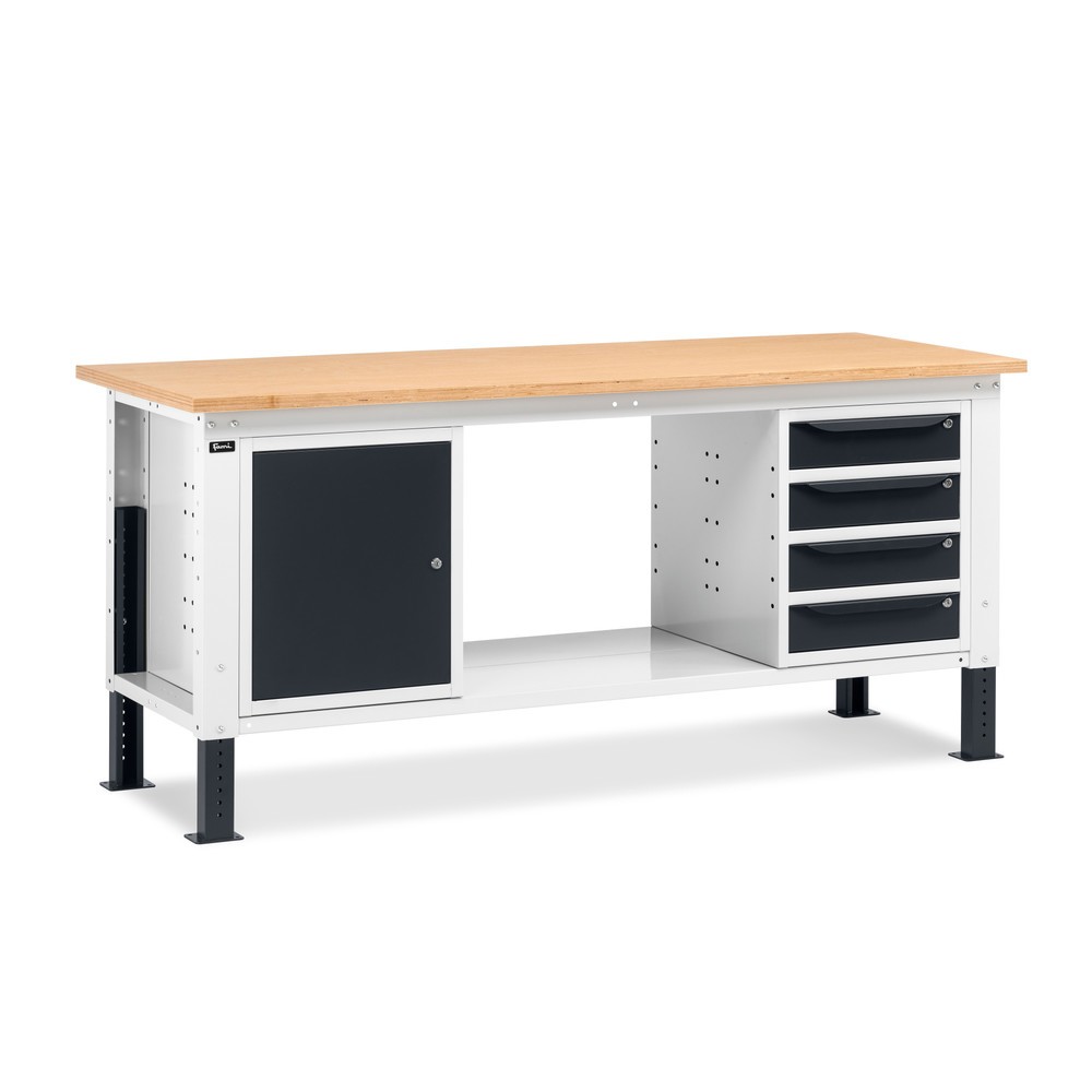 Produktabbildung: Fami Werkbank, höhenverstellbar, 4 Schubladen u. 1 Schrank, TK 1.000 kg, HxBxT 740-1.110 x 2.000 x 750 mm, RAL 7035 lichtgrau / RAL 7016 anthrazitgrau