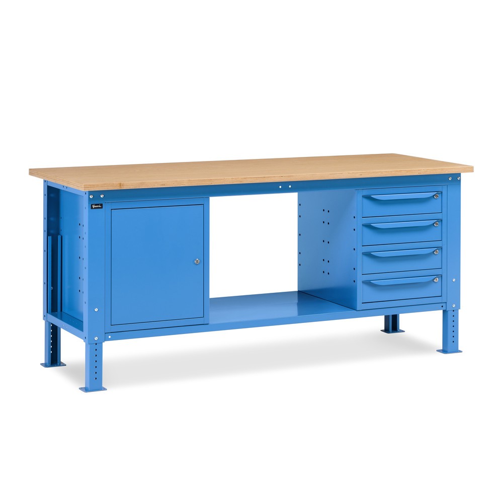 Produktabbildung: Fami Werkbank, höhenverstellbar, 4 Schubladen u. 1 Schrank, TK 1.000 kg, HxBxT 740-1.110 x 2.000 x 750 mm, RAL 5012 lichtblau