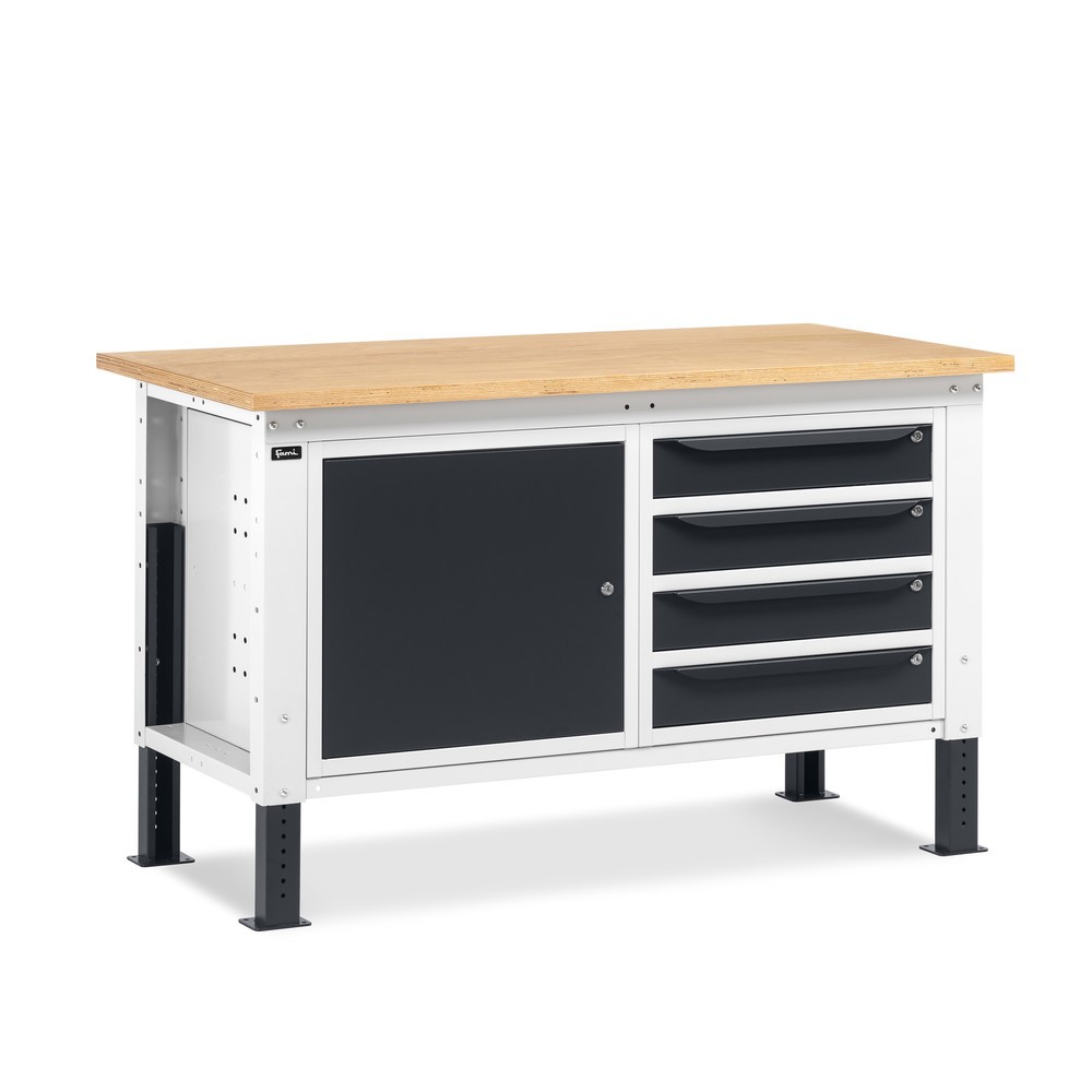 Produktabbildung: Fami Werkbank, höhenverstellbar, 4 Schubladen u. 1 Schrank, TK 1.000 kg, HxBxT 740-1.110 x 1.500 x 750 mm, RAL 7035 lichtgrau / RAL 7016 anthrazitgrau