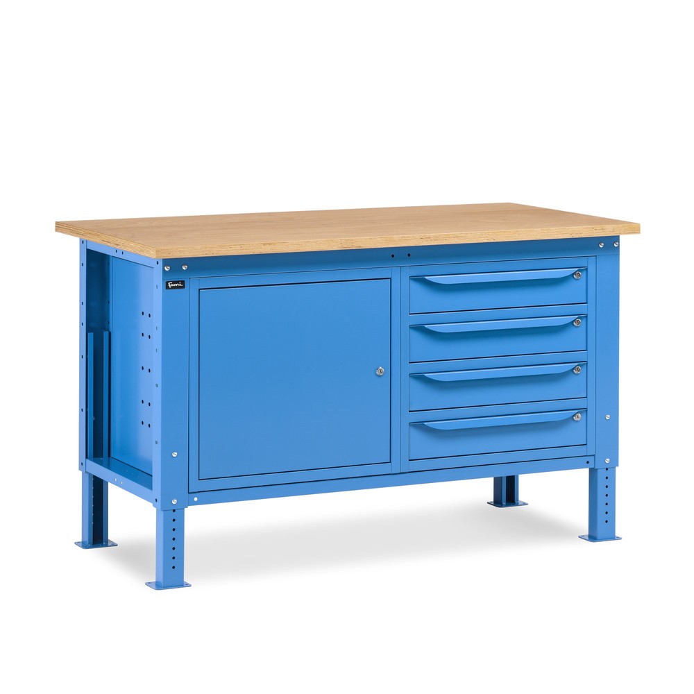 Produktabbildung: Fami Werkbank, höhenverstellbar, 4 Schubladen u. 1 Schrank, TK 1.000 kg, HxBxT 740-1.110 x 1.500 x 750 mm, RAL 5012 lichtblau