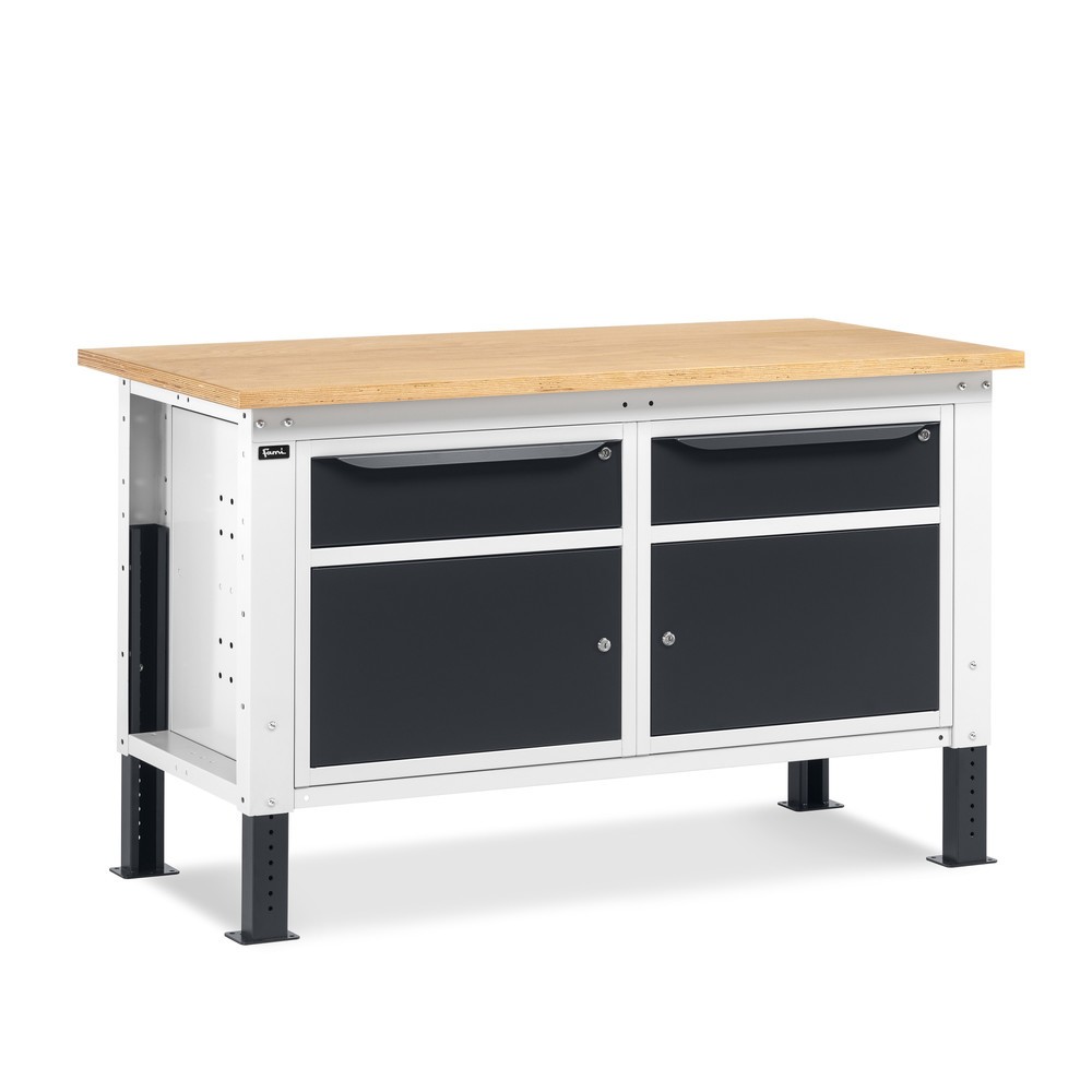 Produktabbildung: Fami Werkbank, höhenverstellbar, 2 Schubladen u. 2 Schränke, TK 1.000 kg, HxBxT 740-1.110 x 1.500 x 750 mm, RAL 7035 lichtgrau / RAL 7016 anthrazitgrau