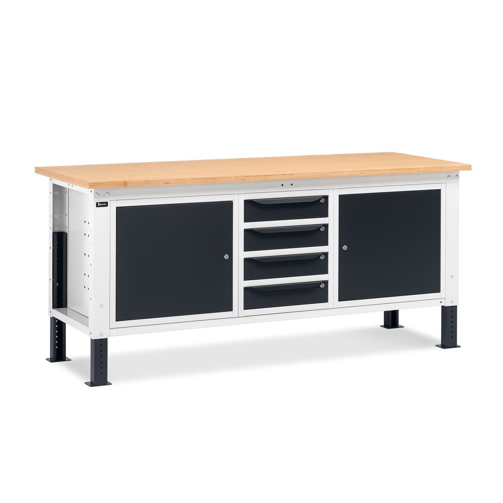 Produktabbildung: Fami Werkbank, höhenverstellbar, 4 Schubladen u. 2 Schränke, TK 1.000 kg, HxBxT 740-1.110 x 2.000 x 750 mm, RAL 7035 lichtgrau / RAL 7016 anthrazitgrau