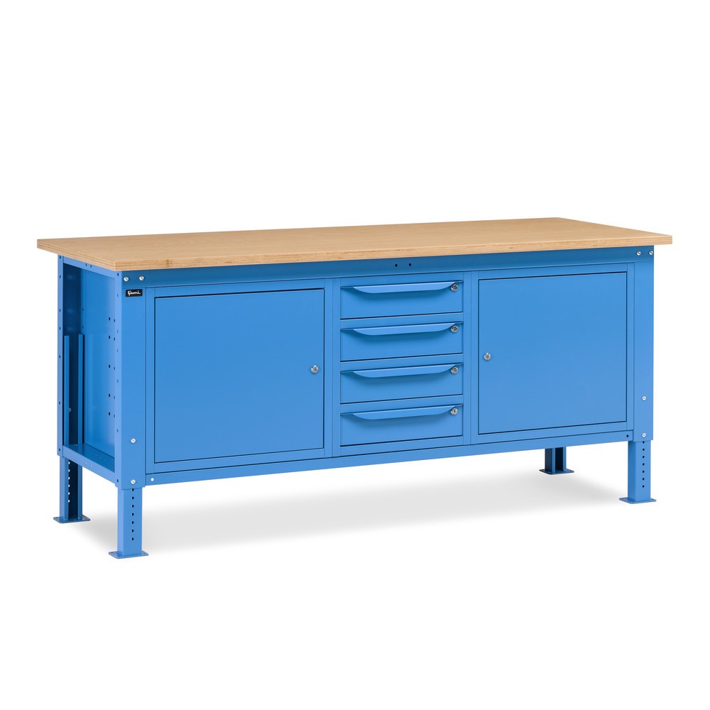 Produktabbildung: Fami Werkbank, höhenverstellbar, 4 Schubladen u. 2 Schränke, TK 1.000 kg, HxBxT 740-1.110 x 2.000 x 750 mm, RAL 5012 lichtblau