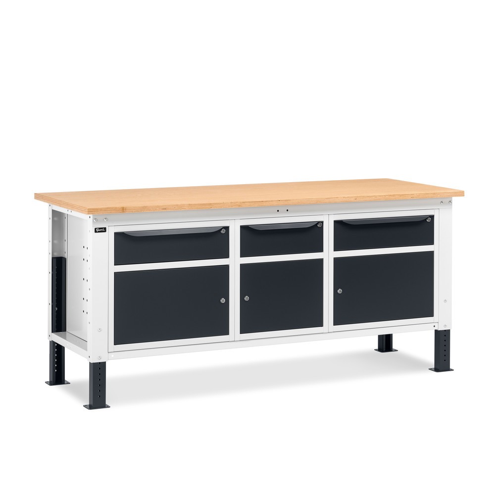 Produktabbildung: Fami Werkbank, höhenverstellbar, 3 Schubladen u. 3 Schränke, TK 1.000 kg, HxBxT 740-1.110 x 2.000 x 750 mm, RAL 7035 lichtgrau / RAL 7016 anthrazitgrau