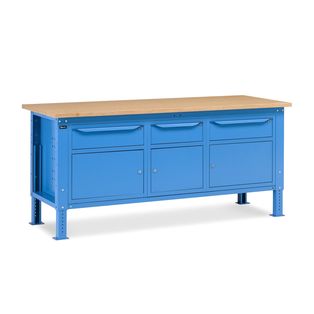 Fami Werkbank, höhenverstellbar, 3 Schubladen u. 3 Schränke, TK 1.000 kg, HxBxT 740-1.110 x 2.000 x 750 mm, RAL 5012 lichtblau Produktabbildung: Fami Werkbank, höhenverstellbar, 3 Schubladen u. 3 Schränke, TK 1.000 kg, HxBxT 740-1.110 x 2.000 x 750 mm, RAL 5012 lichtblau