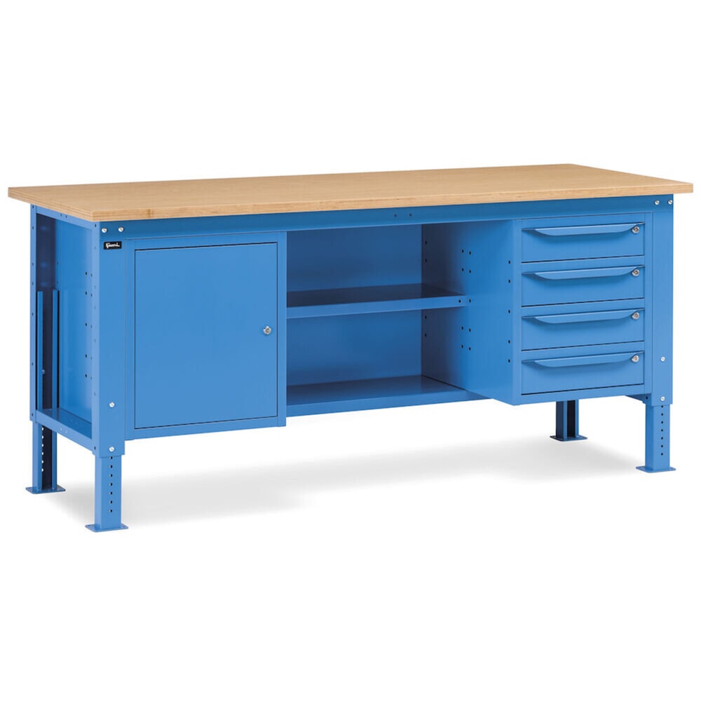 Produktabbildung Nr. 8: Fami Werkbank, höhenverstellbar, 4 Schubladen, Flügeltürschrank, Rückwand mit 2 Fachböden, TK 1.000 kg, HxBxT 740-1.110 x 2.000 x 750 mm, RAL 5012 lichtblau