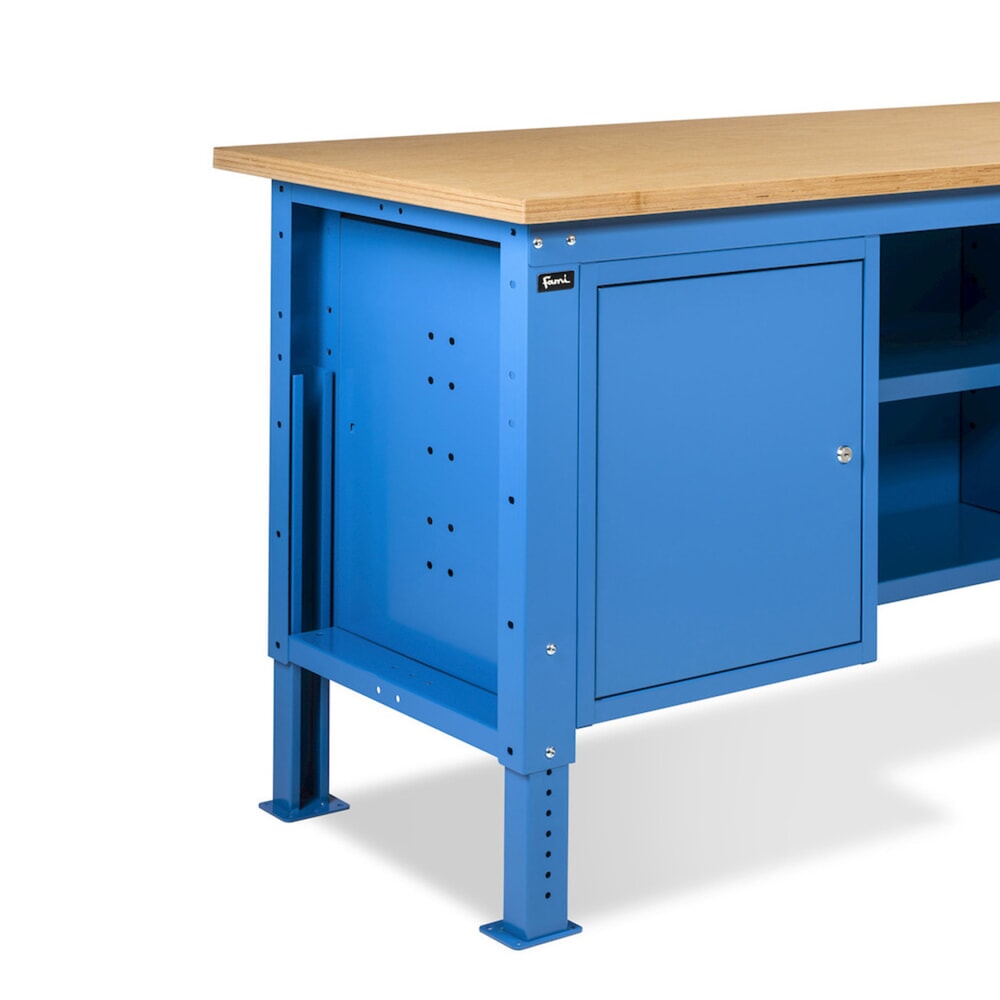 Produktabbildung Nr. 11: Fami Werkbank, höhenverstellbar, 4 Schubladen, Flügeltürschrank, Rückwand mit 2 Fachböden, TK 1.000 kg, HxBxT 740-1.110 x 2.000 x 750 mm, RAL 5012 lichtblau