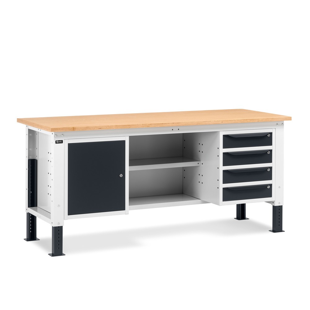 Produktabbildung: Fami Werkbank, höhenverstellbar, 4 Schubladen, Flügeltürschrank, Rückwand mit 2 Fachböden, TK 1.000 kg, HxBxT 740-1.110 x 2.000 x 750 mm, RAL 7035 lichtgrau / RAL 7016 anthrazitgrau