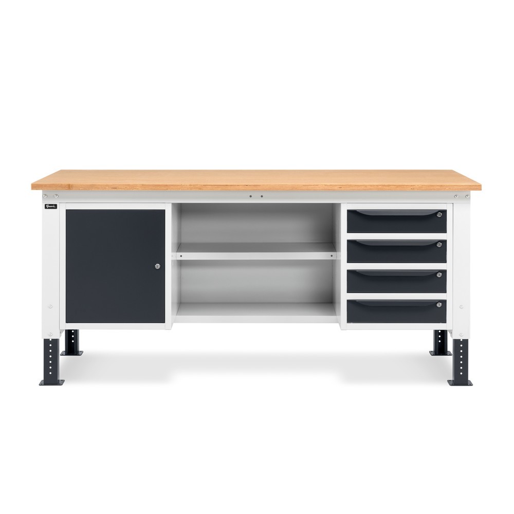Produktabbildung Nr. 2: Fami Werkbank, höhenverstellbar, 4 Schubladen, Flügeltürschrank, Rückwand mit 2 Fachböden, TK 1.000 kg, HxBxT 740-1.110 x 2.000 x 750 mm, RAL 7035 lichtgrau / RAL 7016 anthrazitgrau