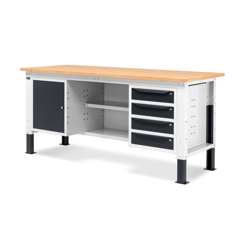 Produktabbildung Nr. 3: Fami Werkbank, höhenverstellbar, 4 Schubladen, Flügeltürschrank, Rückwand mit 2 Fachböden, TK 1.000 kg, HxBxT 740-1.110 x 2.000 x 750 mm, RAL 7035 lichtgrau / RAL 7016 anthrazitgrau
