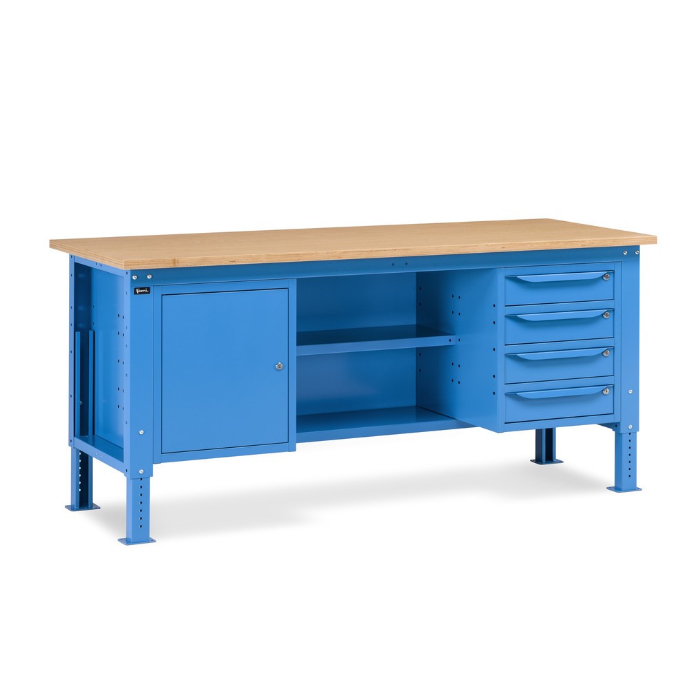 Produktabbildung: Fami Werkbank, höhenverstellbar, 4 Schubladen, Flügeltürschrank, Rückwand mit 2 Fachböden, TK 1.000 kg, HxBxT 740-1.110 x 2.000 x 750 mm, RAL 5012 lichtblau
