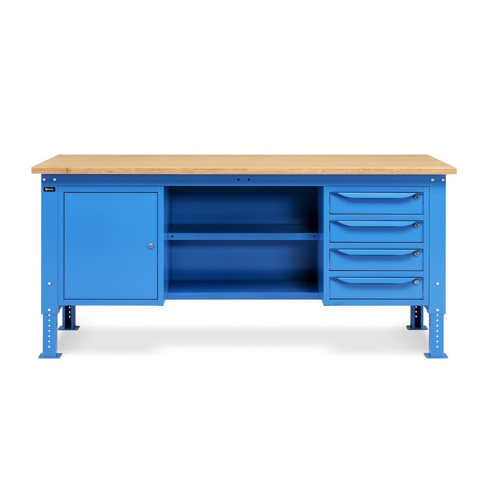 Produktabbildung Nr. 2: Fami Werkbank, höhenverstellbar, 4 Schubladen, Flügeltürschrank, Rückwand mit 2 Fachböden, TK 1.000 kg, HxBxT 740-1.110 x 2.000 x 750 mm, RAL 5012 lichtblau