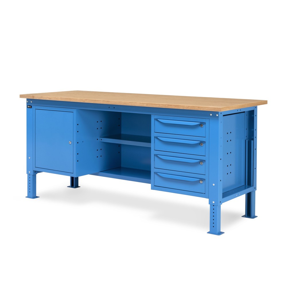 Produktabbildung Nr. 3: Fami Werkbank, höhenverstellbar, 4 Schubladen, Flügeltürschrank, Rückwand mit 2 Fachböden, TK 1.000 kg, HxBxT 740-1.110 x 2.000 x 750 mm, RAL 5012 lichtblau