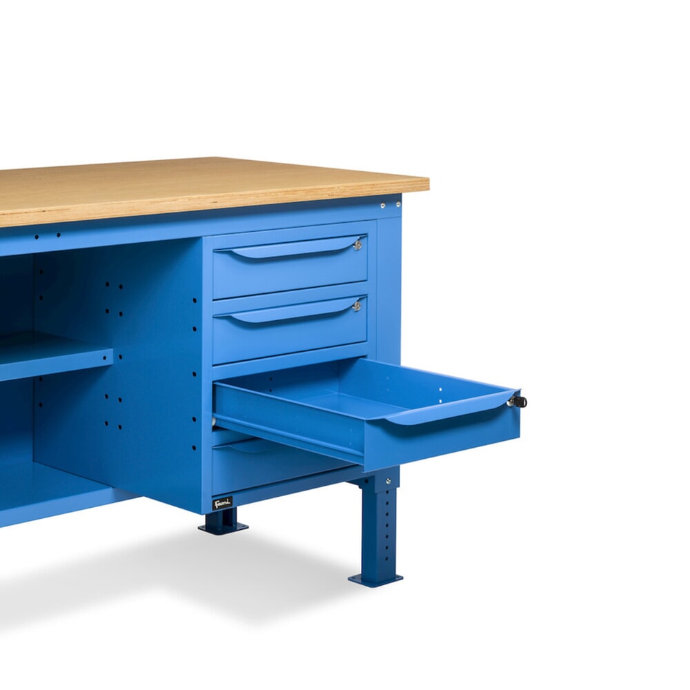 Produktabbildung Nr. 10: Fami Werkbank, höhenverstellbar, 4 Schubladen, Flügeltürschrank, Rückwand mit 2 Fachböden, TK 1.000 kg, HxBxT 740-1.110 x 2.000 x 750 mm, RAL 5012 lichtblau