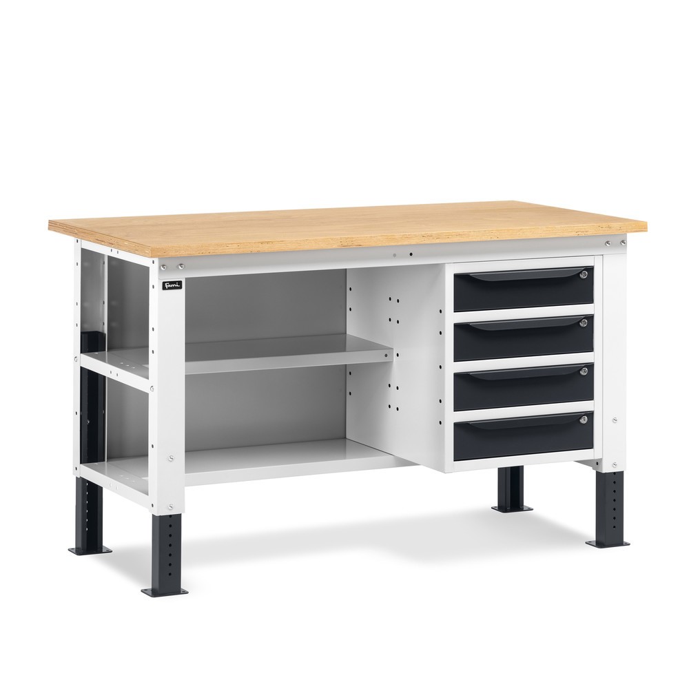 Produktabbildung: Fami Werkbank, höhenverstellbar, 4 Schubladen, Rückwand u. 2 Fachböden, TK 1.000 kg, HxBxT 740-1.110 x 1.500 x 750 mm, RAL 7035 lichtgrau / RAL 7016 anthrazitgrau