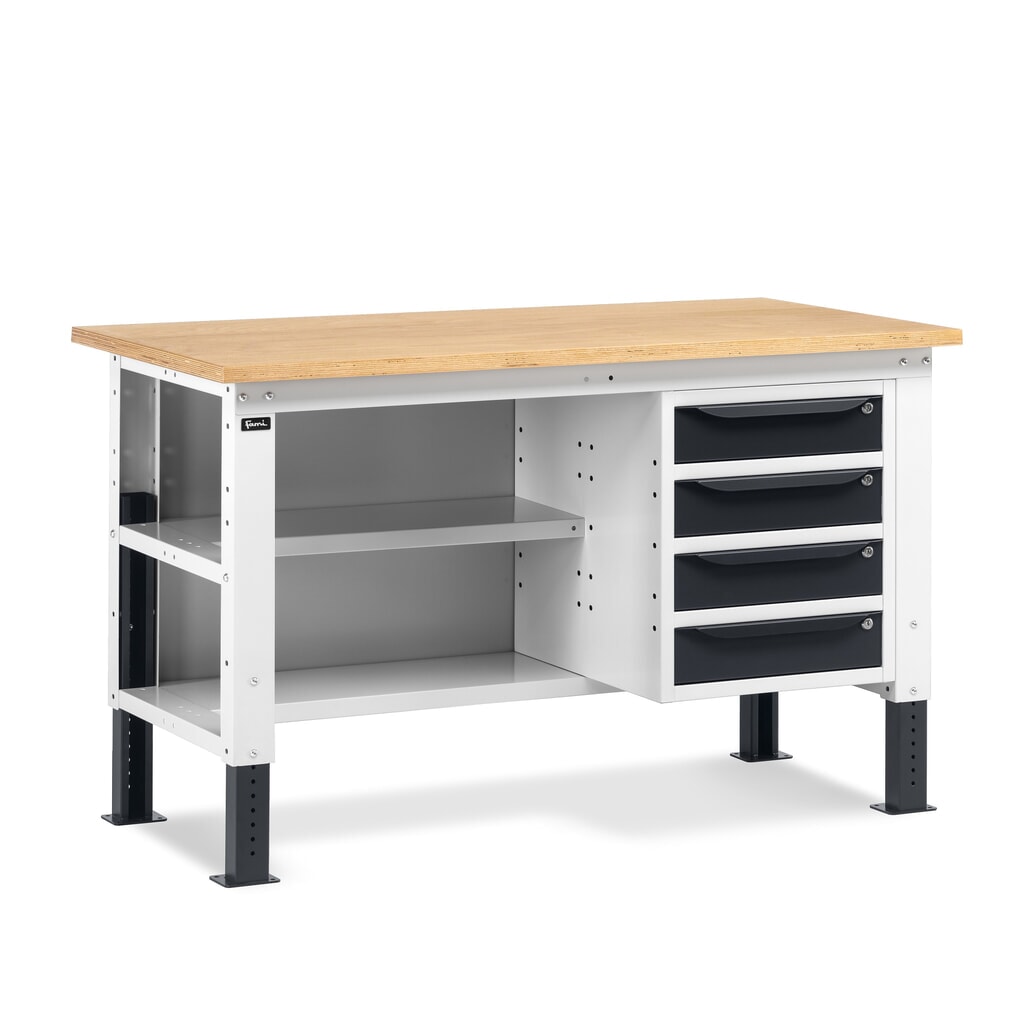 Produktabbildung: Fami Werkbank, höhenverstellbar, 4 Schubladen, Rückwand u. 2 Fachböden, TK 1.000 kg, HxBxT 740-1.110 x 1.500 x 750 mm, RAL 7035 lichtgrau / RAL 7016 anthrazitgrau