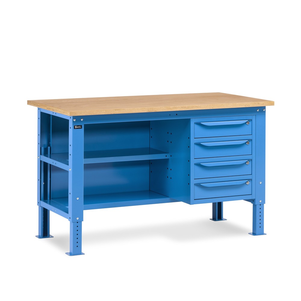 Produktabbildung: Fami Werkbank, höhenverstellbar, 4 Schubladen, Rückwand u. 2 Fachböden, TK 1.000 kg, HxBxT 740-1.110 x 1.500 x 750 mm, RAL 5012 lichtblau