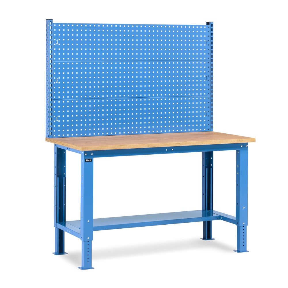 Produktabbildung: Fami Werkbank, höhenverstellbar u. mit Multifunktionswand, TK 1.000 kg, HxBxT 740-1.110 x 1.500 x 750 mm, RAL 5012 lichtblau