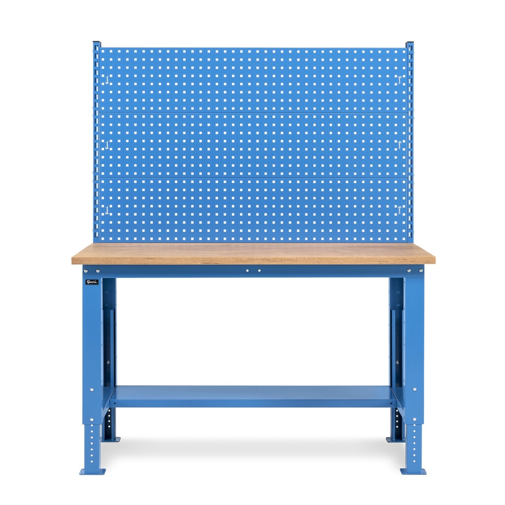 Fami Werkbank, höhenverstellbar u. mit Multifunktionswand, TK 1.000 kg, HxBxT 740-1.110 x 1.500 x 750 mm, RAL 5012 lichtblau Produktabbildung Nr. 3: Fami Werkbank, höhenverstellbar u. mit Multifunktionswand, TK 1.000 kg, HxBxT 740-1.110 x 1.500 x 750 mm, RAL 5012 lichtblau