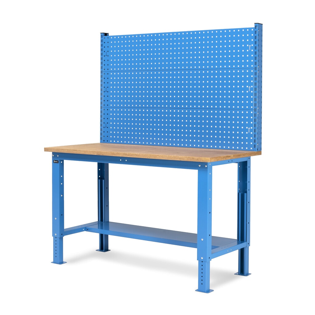 Fami Werkbank, höhenverstellbar u. mit Multifunktionswand, TK 1.000 kg, HxBxT 740-1.110 x 1.500 x 750 mm, RAL 5012 lichtblau Produktabbildung Nr. 4: Fami Werkbank, höhenverstellbar u. mit Multifunktionswand, TK 1.000 kg, HxBxT 740-1.110 x 1.500 x 750 mm, RAL 5012 lichtblau