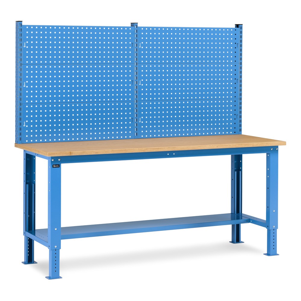 Produktabbildung: Fami Werkbank, höhenverstellbar u. mit Multifunktionswand, TK 1.000 kg, HxBxT 740-1.110 x 2.000 x 750 mm, RAL 5012 lichtblau