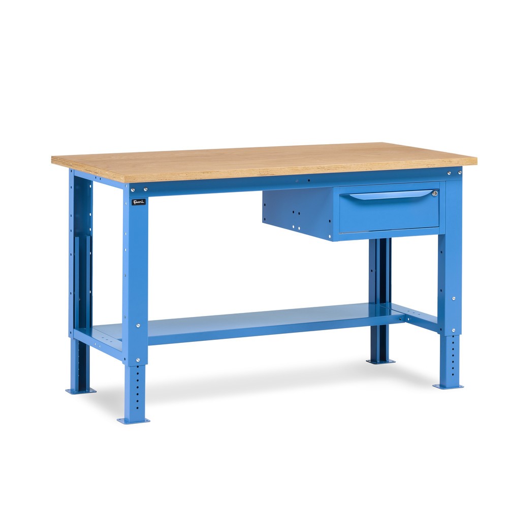 Produktabbildung: Fami Werkbank, höhenverstellbar u. 1 Schublade, TK 1.000 kg, HxBxT 740-1.110 x 1.500 x 750 mm, RAL 5012 lichtblau