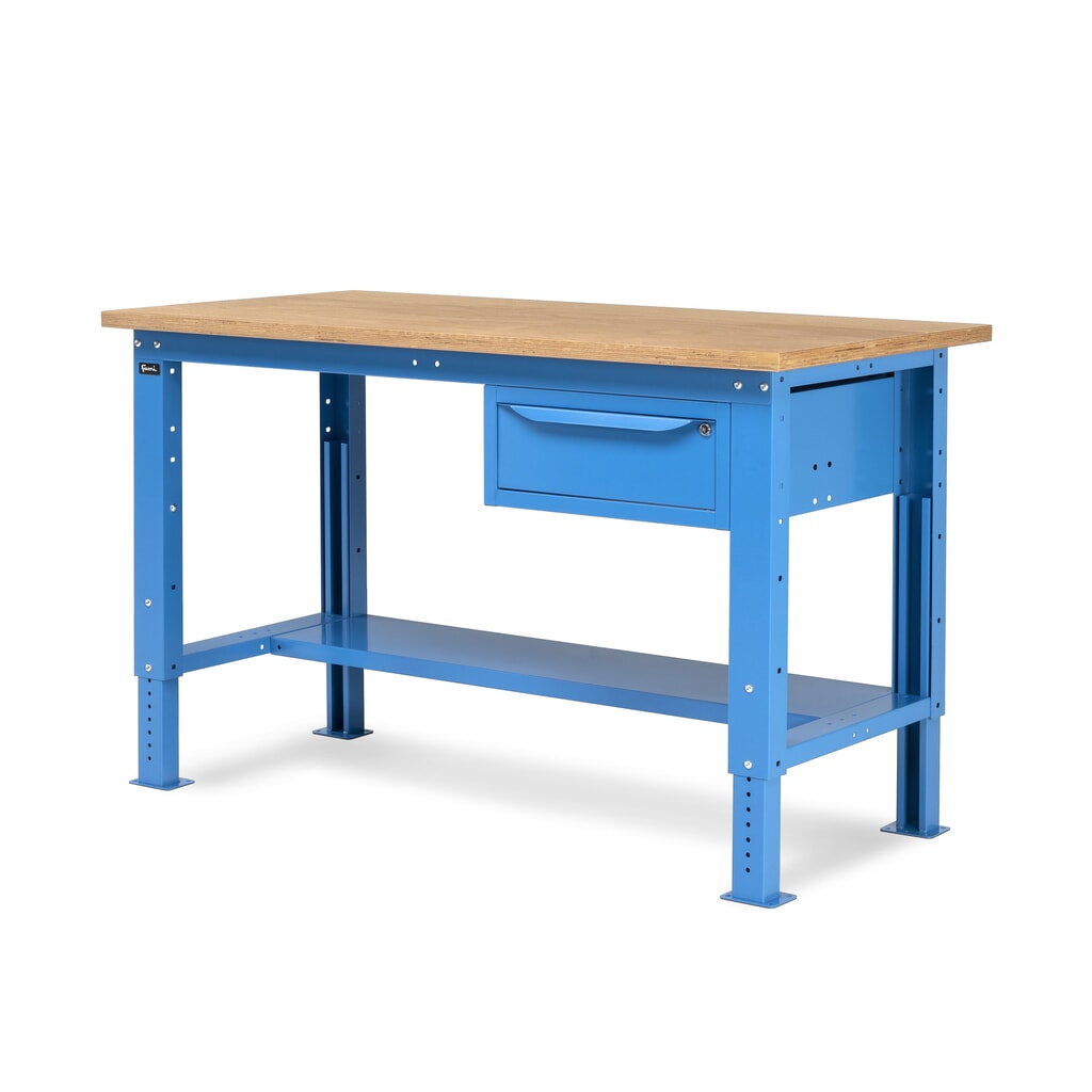 Fami Werkbank, höhenverstellbar u. 1 Schublade, TK 1.000 kg, HxBxT 740-1.110 x 1.500 x 750 mm, RAL 5012 lichtblau Produktabbildung Nr. 5: Fami Werkbank, höhenverstellbar u. 1 Schublade, TK 1.000 kg, HxBxT 740-1.110 x 1.500 x 750 mm, RAL 5012 lichtblau