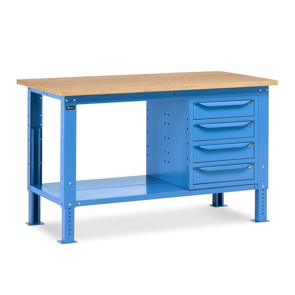 Fami Werkbank, höhenverstellbar u. 4 Schubladen, TK 1.000 kg, HxBxT 740-1.110 x 1.500 x 750 mm, RAL 5012 lichtblau Produktabbildung: Fami Werkbank, höhenverstellbar u. 4 Schubladen, TK 1.000 kg, HxBxT 740-1.110 x 1.500 x 750 mm, RAL 5012 lichtblau