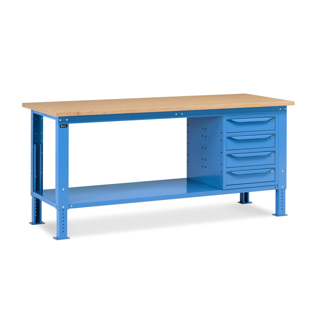 Produktabbildung: Fami Werkbank, höhenverstellbar u. 4 Schubladen, TK 1.000 kg, HxBxT 740-1.110 x 2.000 x 750 mm, RAL 5012 lichtblau