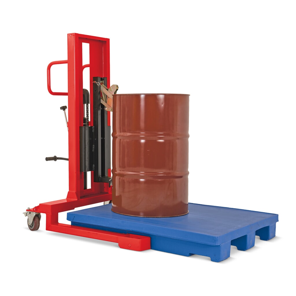Fassheber mit Fußpedalhub, Frontalaufnahme, Hubhöhe 750 mm, TK 350 kg, RAL 3020 verkehrsrot Produktabbildung: Fassheber mit Fußpedalhub, Frontalaufnahme, Hubhöhe 750 mm, TK 350 kg, RAL 3020 verkehrsrot