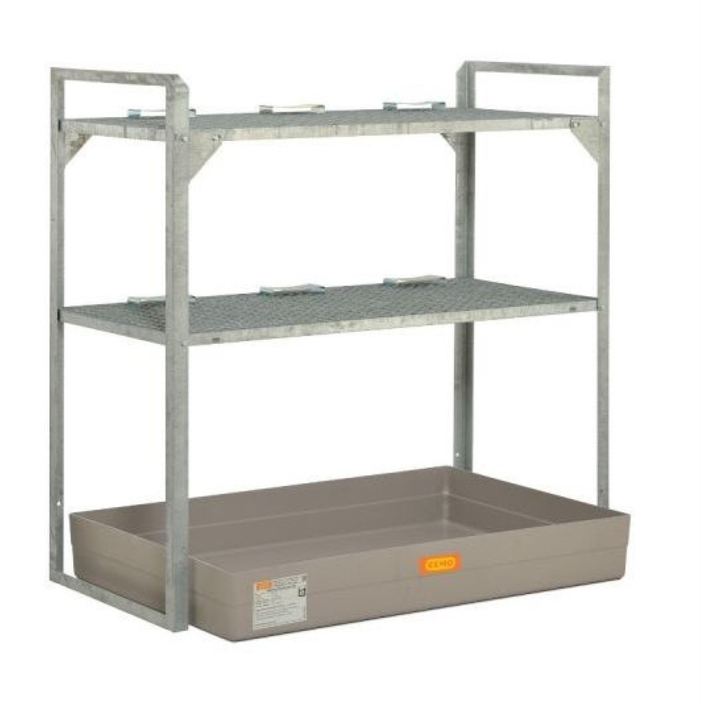 Produktabbildung: Fassregal für CEMO Gefahrstoffe, GFK-Auffangwanne, für 6 Fässer à 60 l, 2 Gitterroste