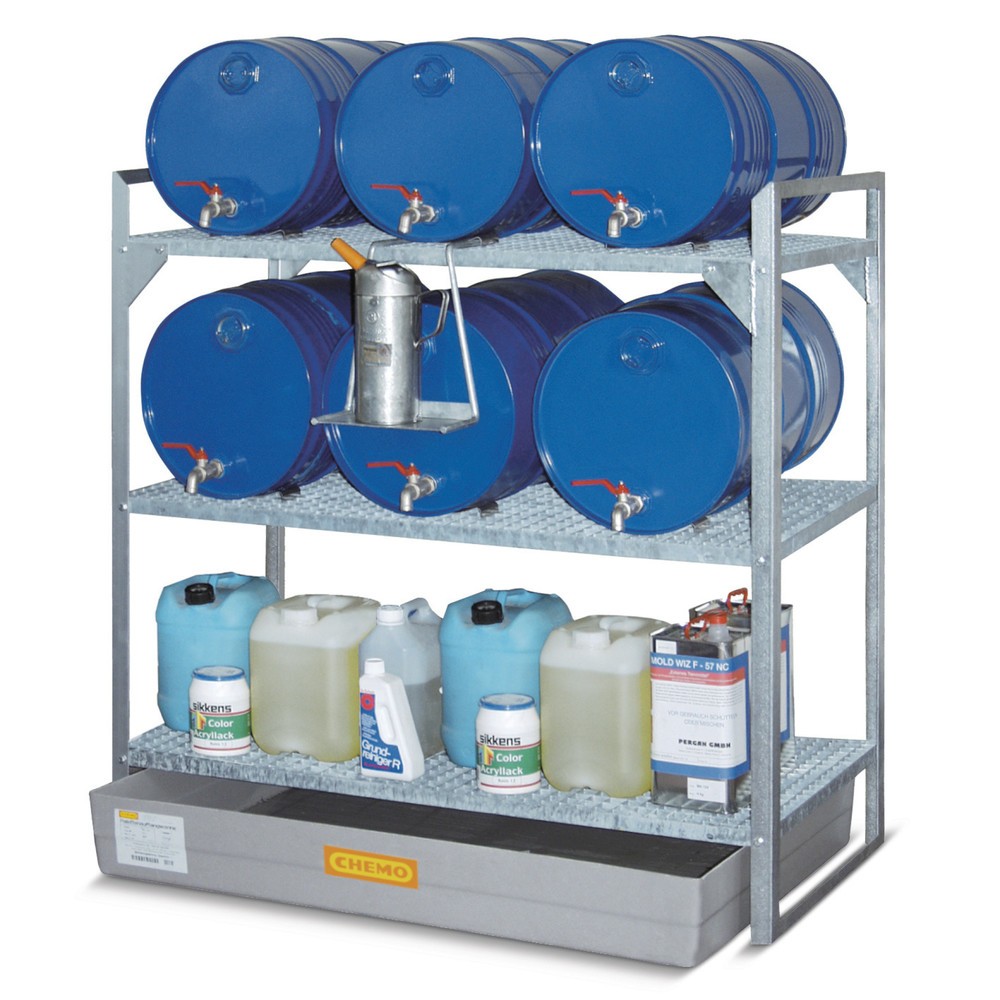 Produktabbildung Nr. 2: Fassregal für CEMO Gefahrstoffe, GFK-Auffangwanne, für 6 Fässer à 60 l, 2 Gitterroste