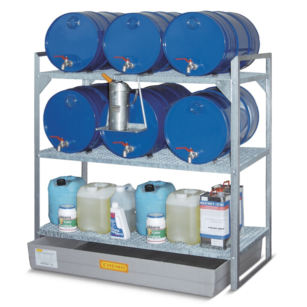 Produktabbildung Nr. 2: Fassregal für CEMO Gefahrstoffe, GFK-Auffangwanne, für 6 Fässer à 60 l, 2 Gitterroste