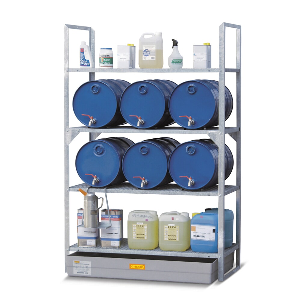 Fassregal für CEMO Gefahrstoffe, GFK-Auffangwanne, für 6 Fässer à 60 l, 3 Gitterroste Produktabbildung Nr. 2: Fassregal für CEMO Gefahrstoffe, GFK-Auffangwanne, für 6 Fässer à 60 l, 3 Gitterroste