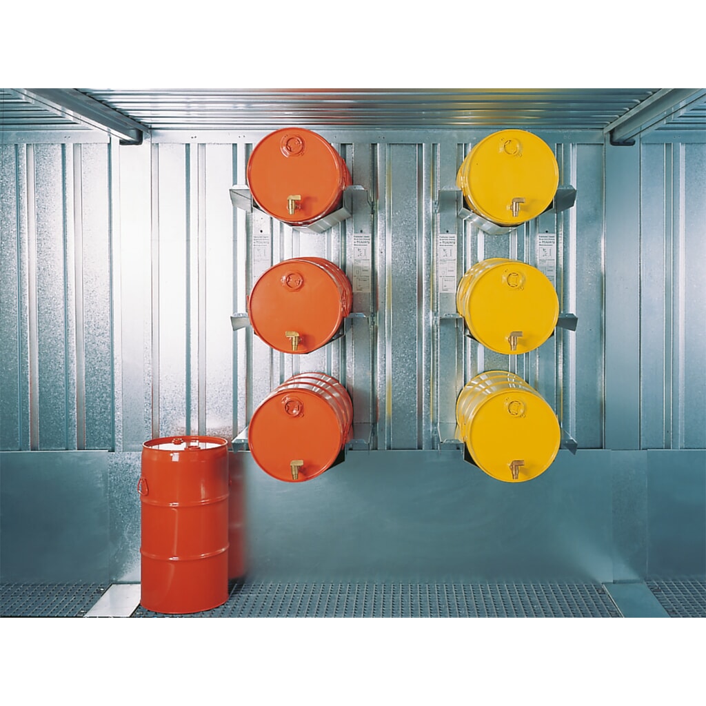 Fassregal für 3x 50/60L Fässer, liegende Lagerung für SAFE Tank Gefahrstoffcontainer Produktabbildung: Fassregal für 3x 50/60L Fässer, liegende Lagerung für SAFE Tank Gefahrstoffcontainer