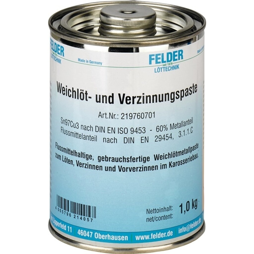 FELDER Weichlöt- und Verzinnungspaste, 1 kg, 230 - 250 °C, S-Sn97Cu3 Produktabbildung: FELDER Weichlöt- und Verzinnungspaste, 1 kg, 230 - 250 °C, S-Sn97Cu3