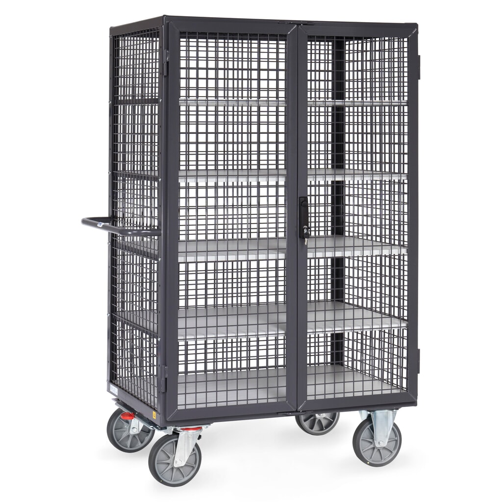 Produktabbildung: fetra® ESD-Schrankwagen, TK 750 kg, Gitterwände, mit Doppelflügeltür, 5 Etagen à 1.000 x 680 mm