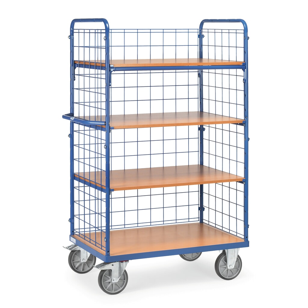 Produktabbildung: fetra® Etagenwagen mit festen Böden, 3 Gitterwände, 4 Etagen à 1.000 x 700 mm
