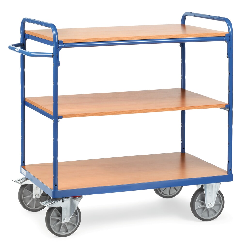 fetra® Etagenwagen mit Holzböden, 3 Etagen à 850 x 500 mm, Höhe 1.111 mm Produktabbildung: fetra® Etagenwagen mit Holzböden, 3 Etagen à 850 x 500 mm, Höhe 1.111 mm