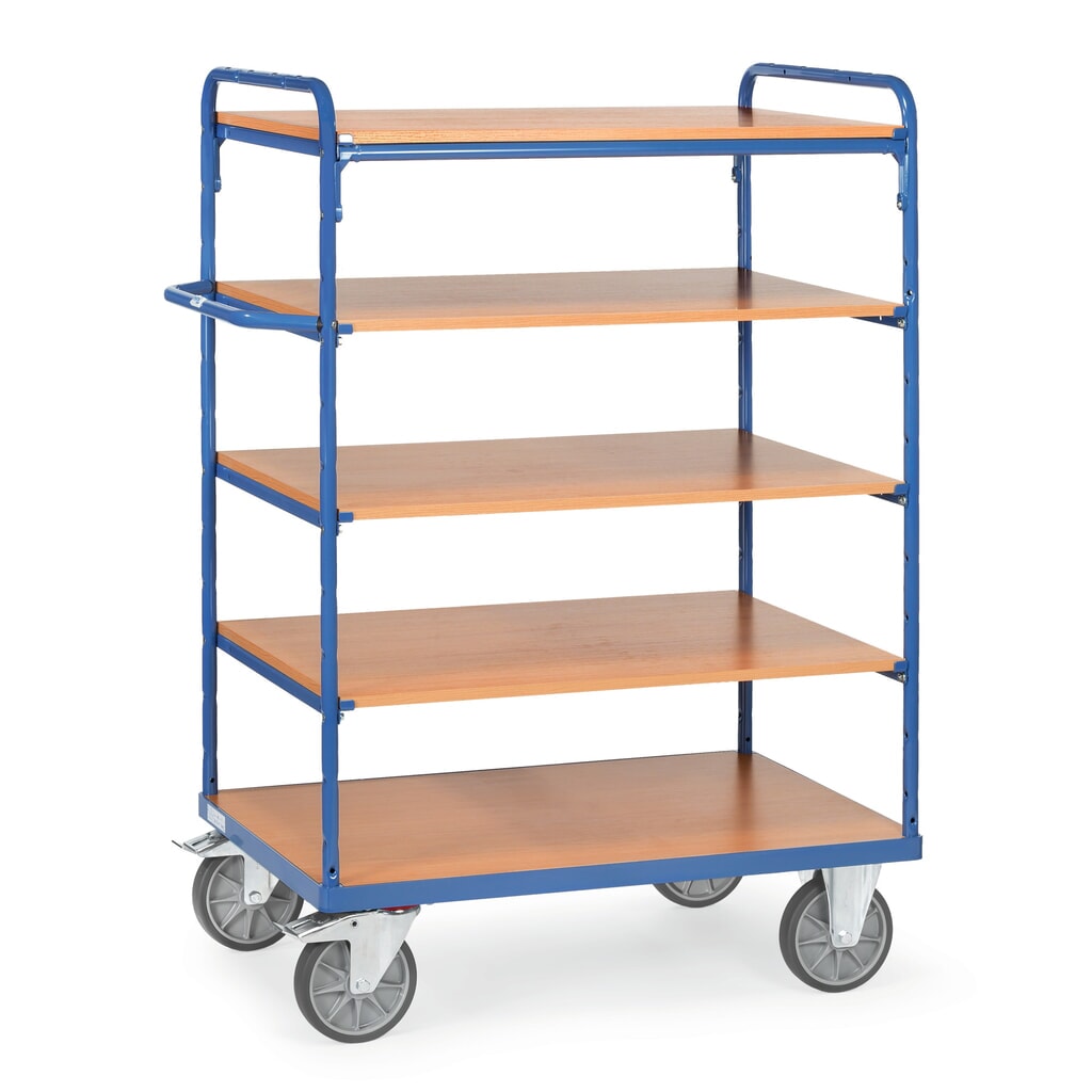 Produktabbildung: fetra® Etagenwagen mit Holzböden, 5 Etagen à 1.000 x 600 mm, Höhe 1.552 mm