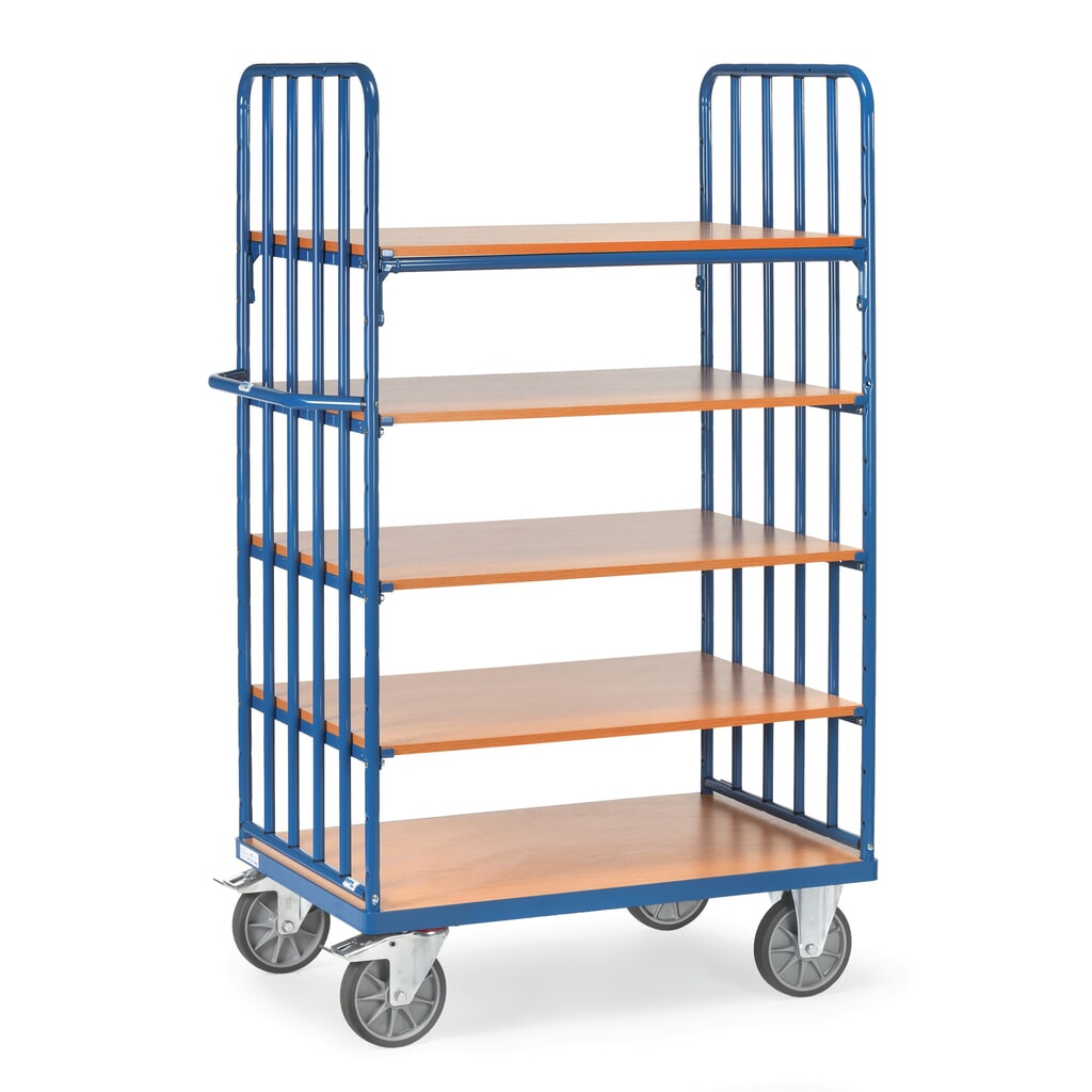 Produktabbildung: fetra® Etagenwagen mit vertikalen Rohrstreben, 2 Wände, 5 Etagen à 1.000 x 700 mm