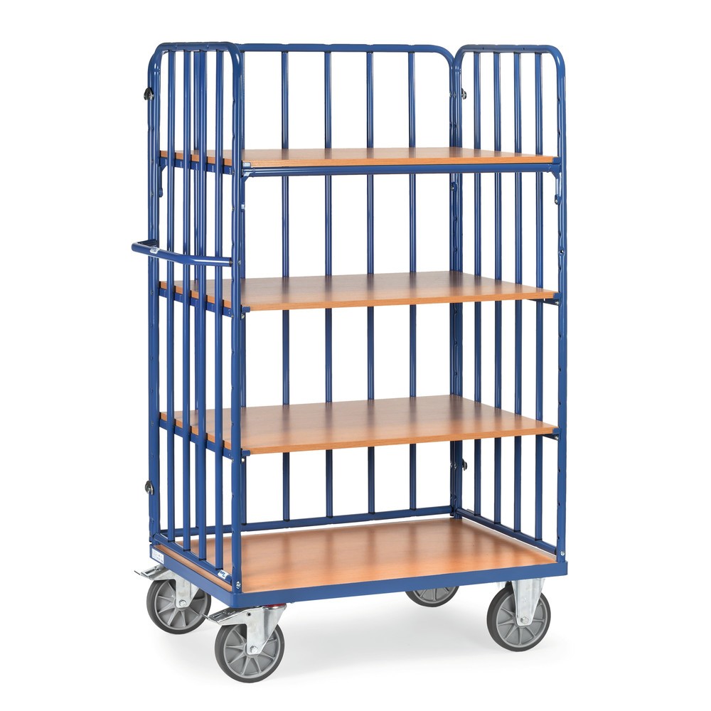 Produktabbildung: fetra® Etagenwagen mit vertikalen Rohrstreben, 3 Wände, 4 Etagen à 1.000 x 600 mm, Höhe 1.800 mm
