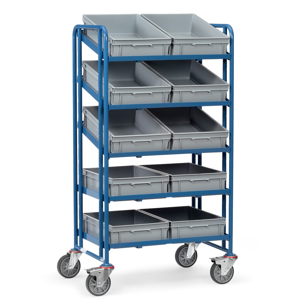 fetra® Eurokasten-Etagenwagen, mit Kästen, TK 300 kg, 5 Etagen à 820 x 610 mm Produktabbildung: fetra® Eurokasten-Etagenwagen, mit Kästen, TK 300 kg, 5 Etagen à 820 x 610 mm