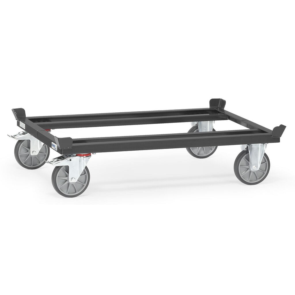 fetra® Fahrgestell mit Fangecken, TK 750 kg, für Paletten 1.200 x 800 mm, TPE-Bereifung, anthrazitgrau Produktabbildung: fetra® Fahrgestell mit Fangecken, TK 750 kg, für Paletten 1.200 x 800 mm, TPE-Bereifung, anthrazitgrau