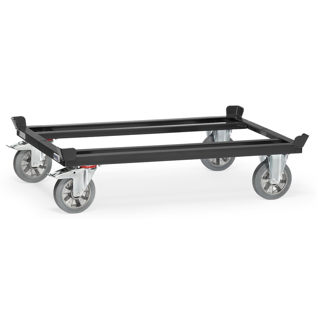 Produktabbildung: fetra® Fahrgestell mit Fangecken, TK 1.200 kg, für Paletten 1.200 x 800 mm, Elastik-Vollgummi-Bereifung, anthrazitgrau