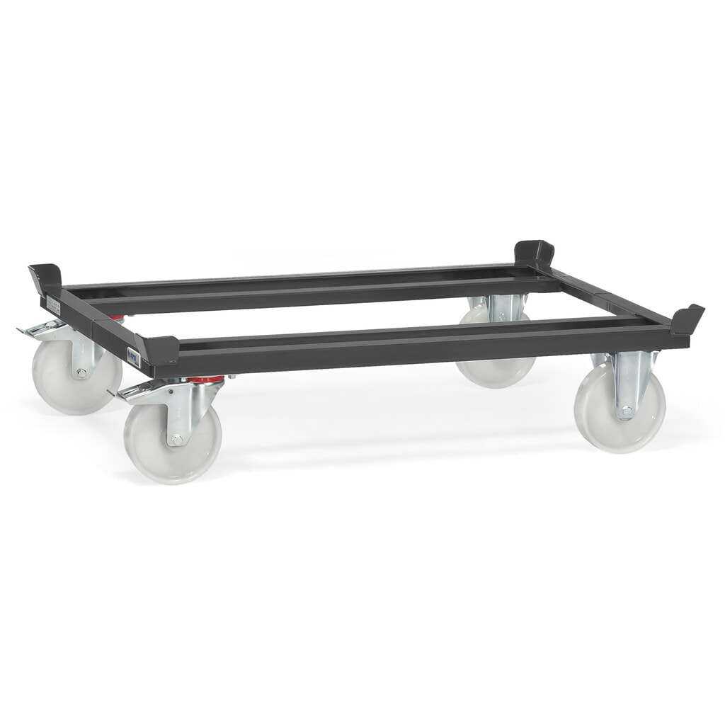 fetra® Fahrgestell mit Fangecken, TK 1.000 kg, für Paletten 1.200 x 800 mm, Polyamid-Bereifung, anthrazitgrau Produktabbildung: fetra® Fahrgestell mit Fangecken, TK 1.000 kg, für Paletten 1.200 x 800 mm, Polyamid-Bereifung, anthrazitgrau