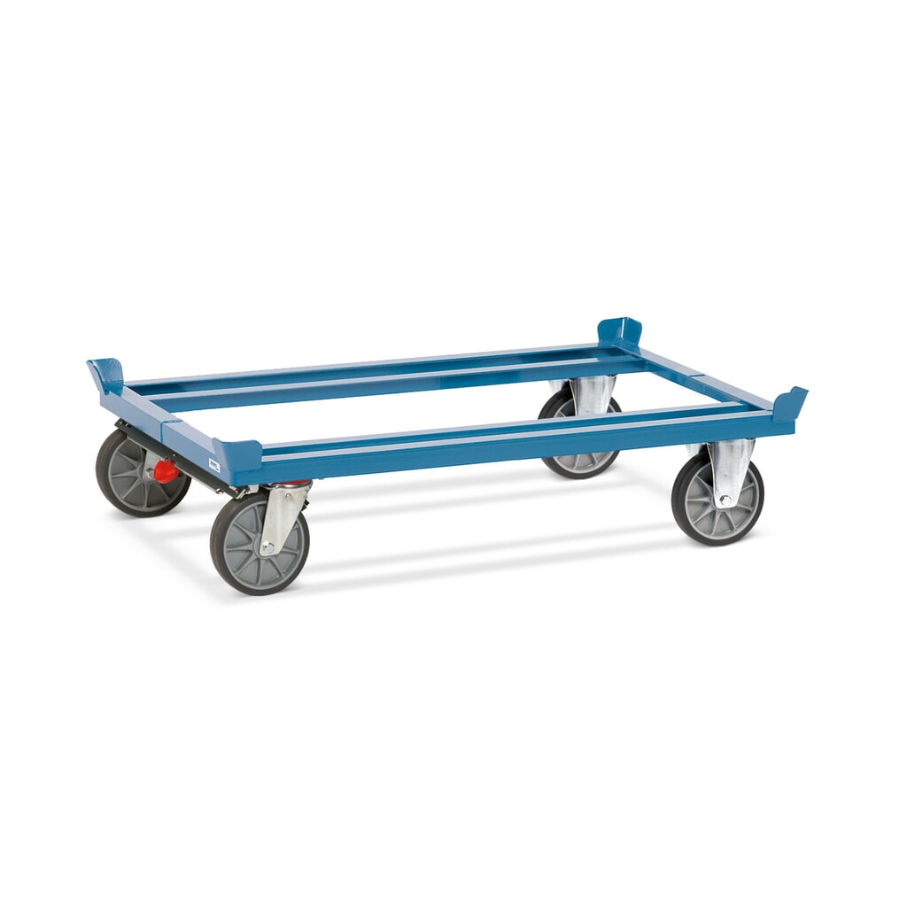 Produktabbildung: fetra® Fahrgestell mit Fangecken, TK 750 kg, für Paletten 1.200 x 800 mm, TPE-Bereifung, mit Zentralbremse