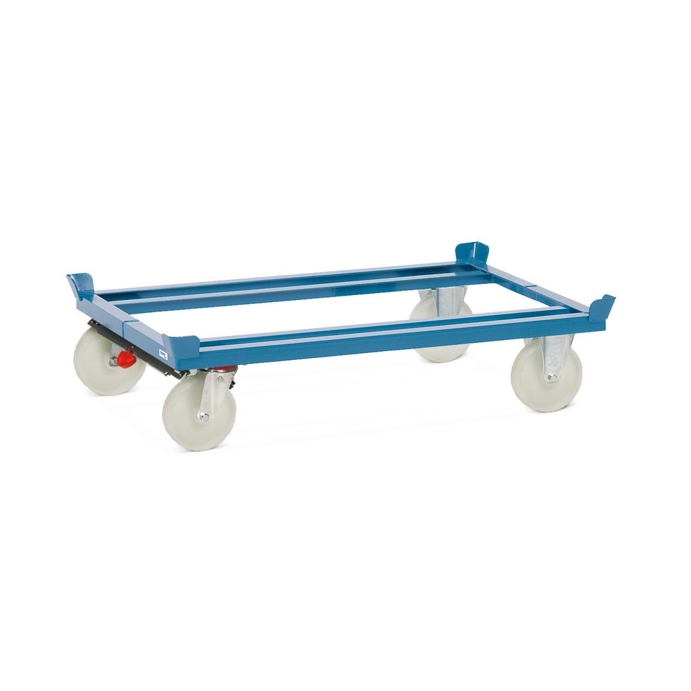 Produktabbildung: fetra® Fahrgestell mit Fangecken, TK 1.000 kg, für Paletten 1.200 x 800 mm, Polyamid-Bereifung, mit Zentralbremse